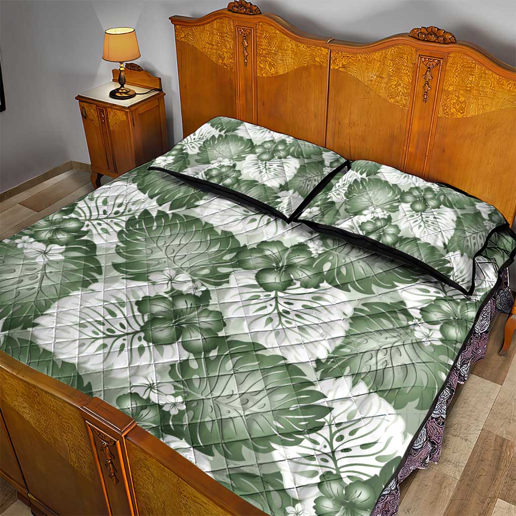 Sage Green Aloha Hawaii Quilt Bed Set Monstera Hibiscus Plumeria Seamless Vibes - Polynesian Pride