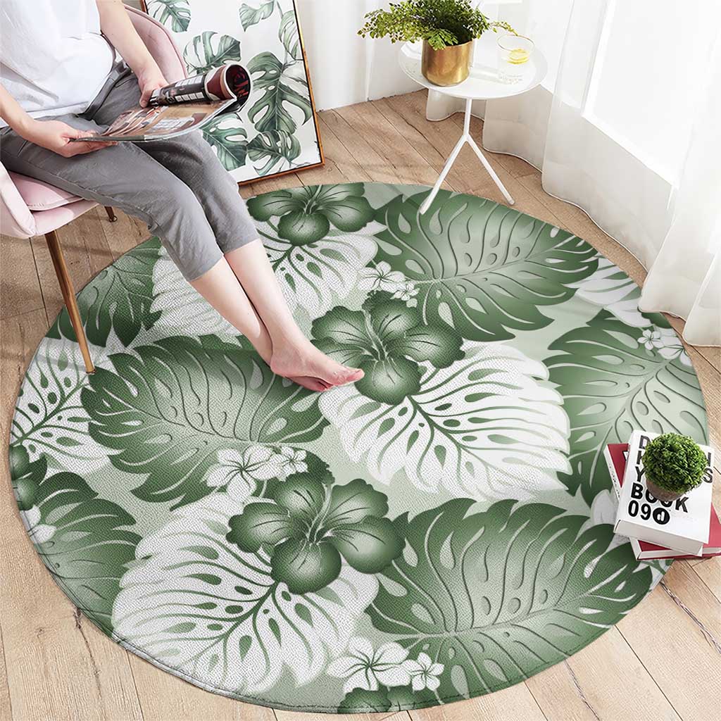 Sage Green Aloha Hawaii Round Carpet Monstera Hibiscus Plumeria Seamless Vibes - Polynesian Pride