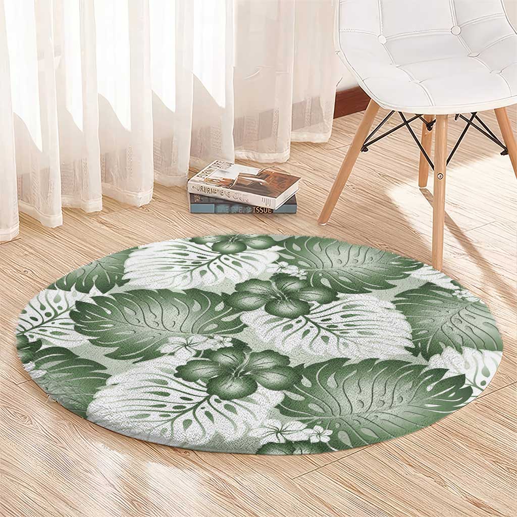 Sage Green Aloha Hawaii Round Carpet Monstera Hibiscus Plumeria Seamless Vibes - Polynesian Pride