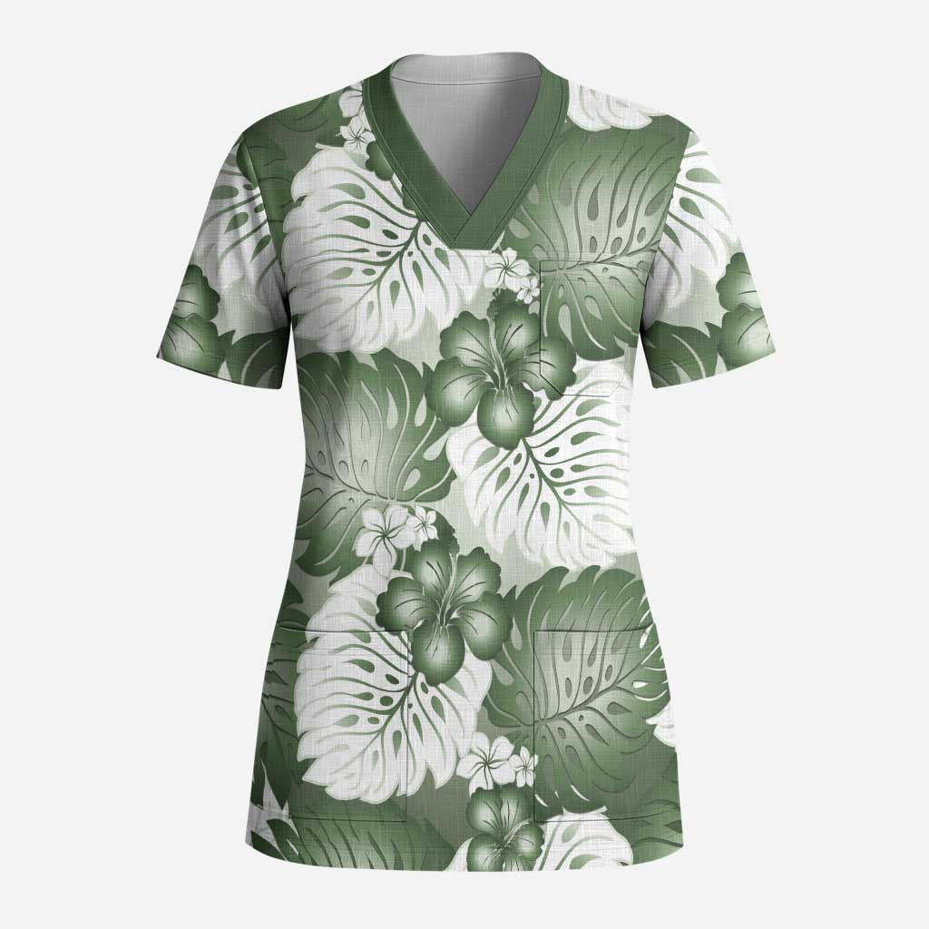 Sage Green Aloha Hawaii Scrub Top Monstera Hibiscus Plumeria Seamless Vibes - Polynesian Pride
