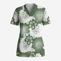 Sage Green Aloha Hawaii Scrub Top Monstera Hibiscus Plumeria Seamless Vibes - Polynesian Pride