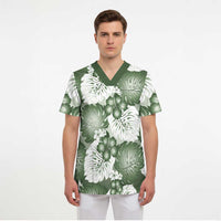 Sage Green Aloha Hawaii Scrub Top Monstera Hibiscus Plumeria Seamless Vibes - Polynesian Pride