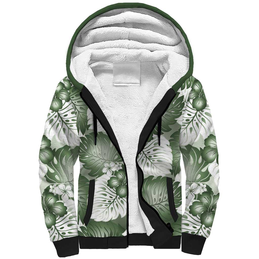 Sage Green Aloha Hawaii Sherpa Hoodie Monstera Hibiscus Plumeria Seamless Vibes - Polynesian Pride