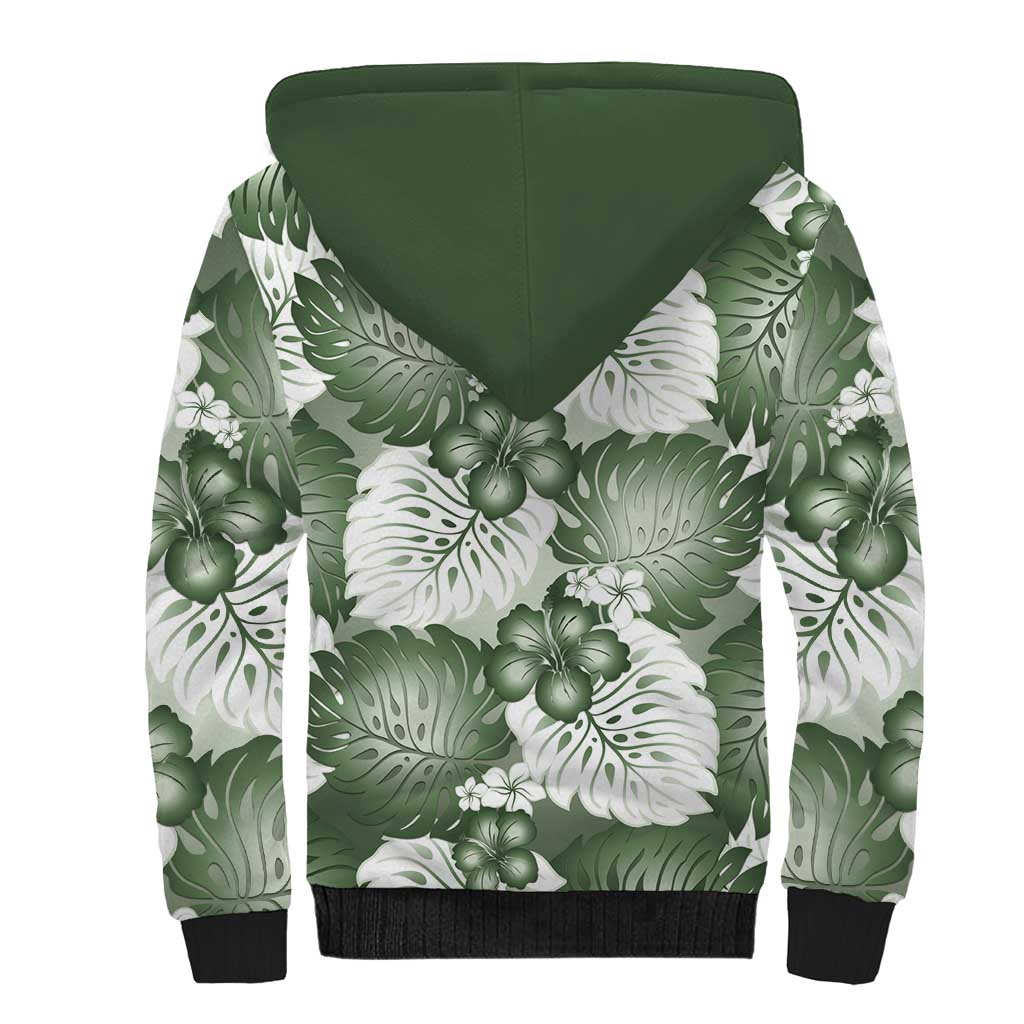 Sage Green Aloha Hawaii Sherpa Hoodie Monstera Hibiscus Plumeria Seamless Vibes - Polynesian Pride
