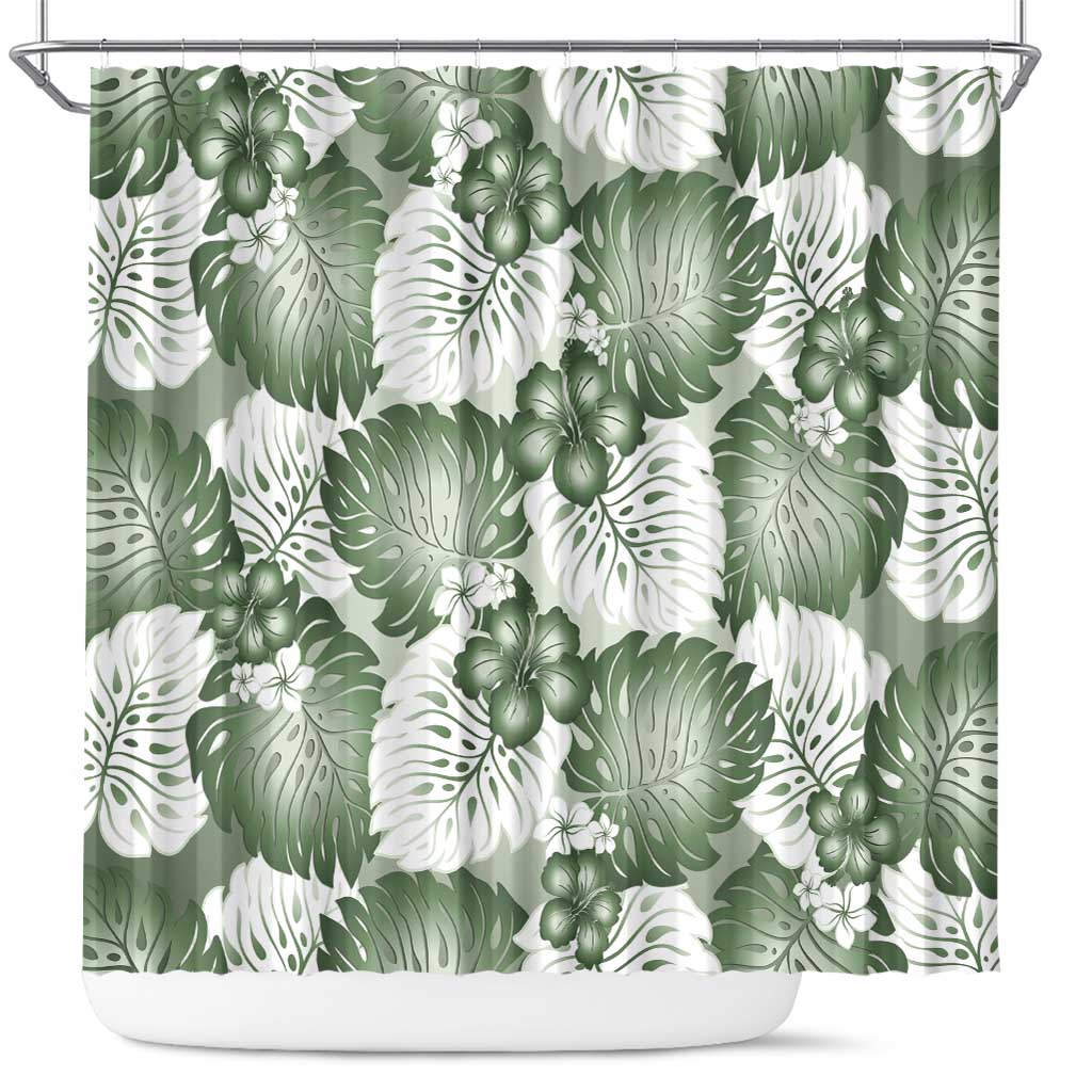 Sage Green Aloha Hawaii Shower Curtain Monstera Hibiscus Plumeria Seamless Vibes - Polynesian Pride