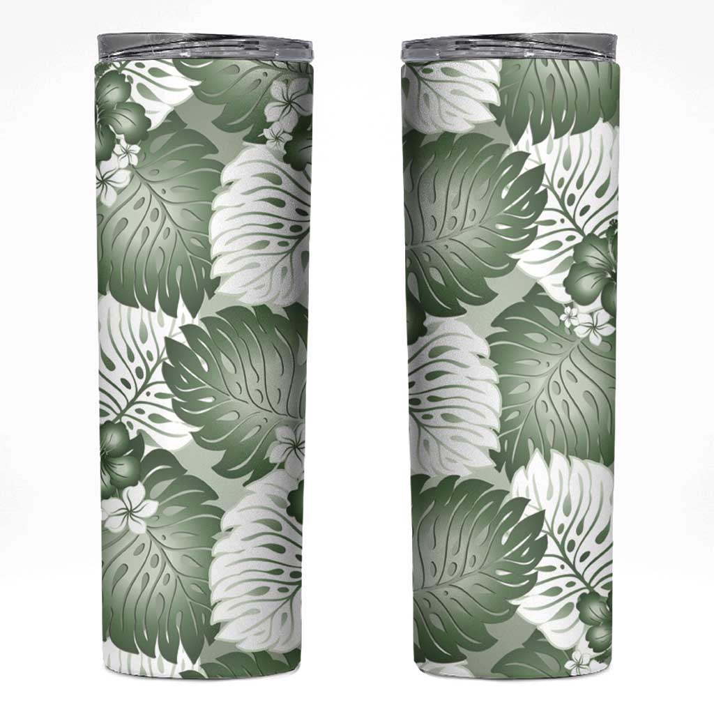 Sage Green Aloha Hawaii Skinny Tumbler Monstera Hibiscus Plumeria Seamless Vibes - Polynesian Pride