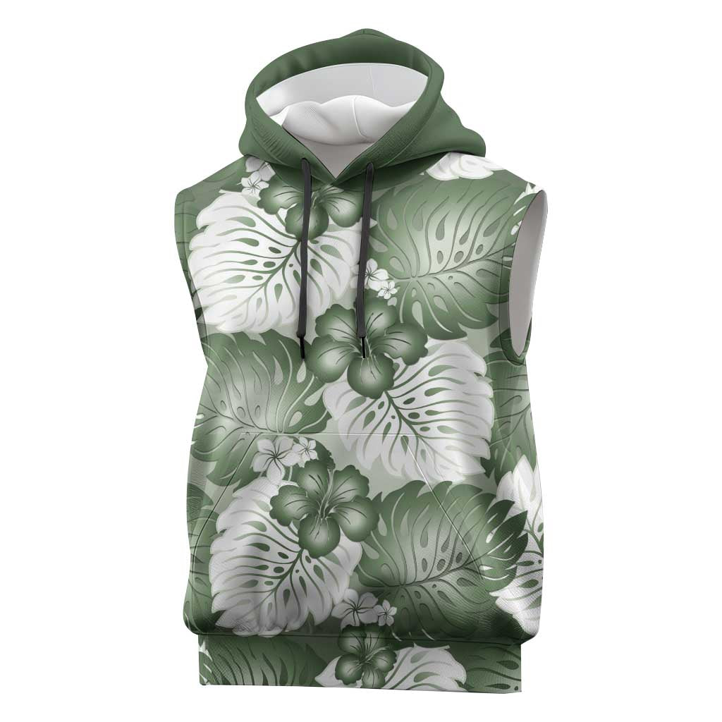 Sage Green Aloha Hawaii Sleeveless Hoodie Monstera Hibiscus Plumeria Seamless Vibes - Polynesian Pride