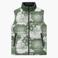 Sage Green Aloha Hawaii Sleeveless Puffer Jacket Monstera Hibiscus Plumeria Seamless Vibes - Polynesian Pride