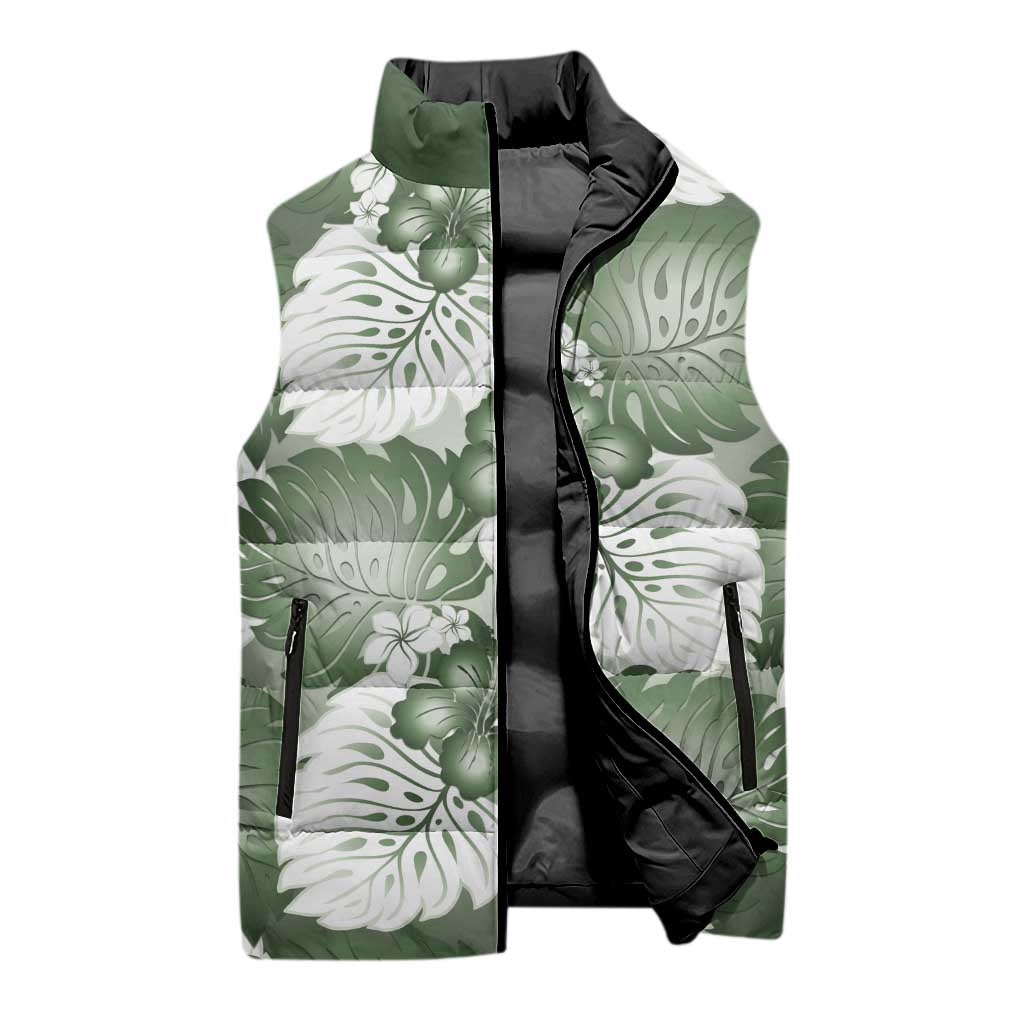 Sage Green Aloha Hawaii Sleeveless Puffer Jacket Monstera Hibiscus Plumeria Seamless Vibes - Polynesian Pride