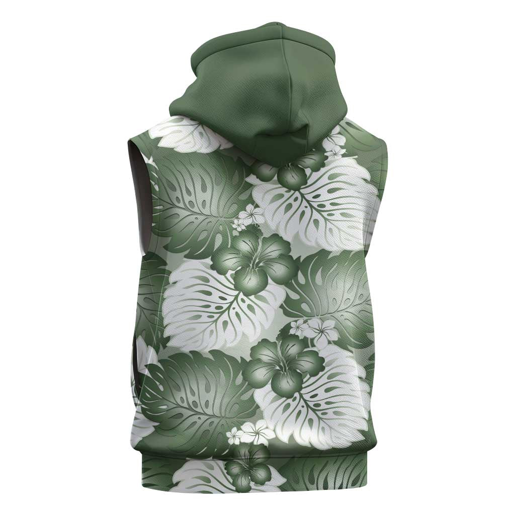 Sage Green Aloha Hawaii Sleeveless Zip Hoodie Monstera Hibiscus Plumeria Seamless Vibes - Polynesian Pride