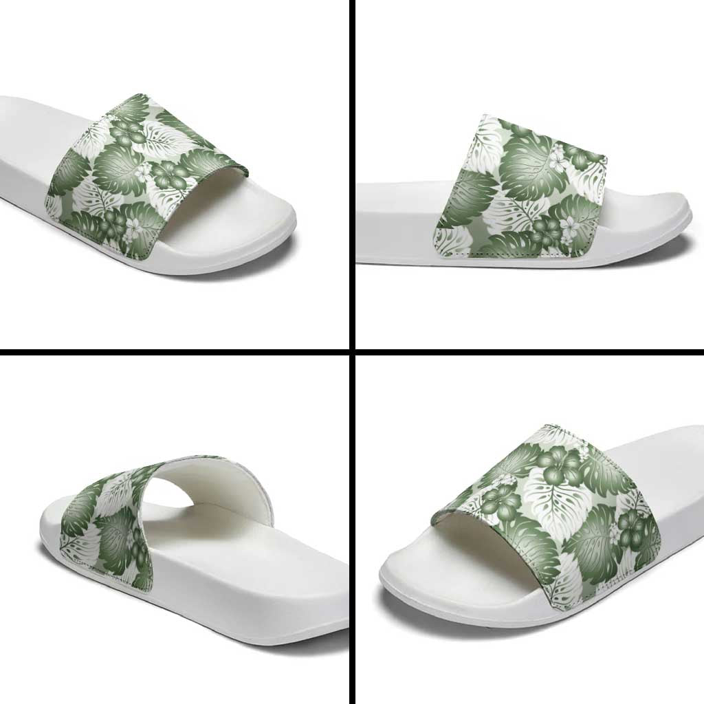 Sage Green Aloha Hawaii Slide Sandals Monstera Hibiscus Plumeria Seamless Vibes - Polynesian Pride