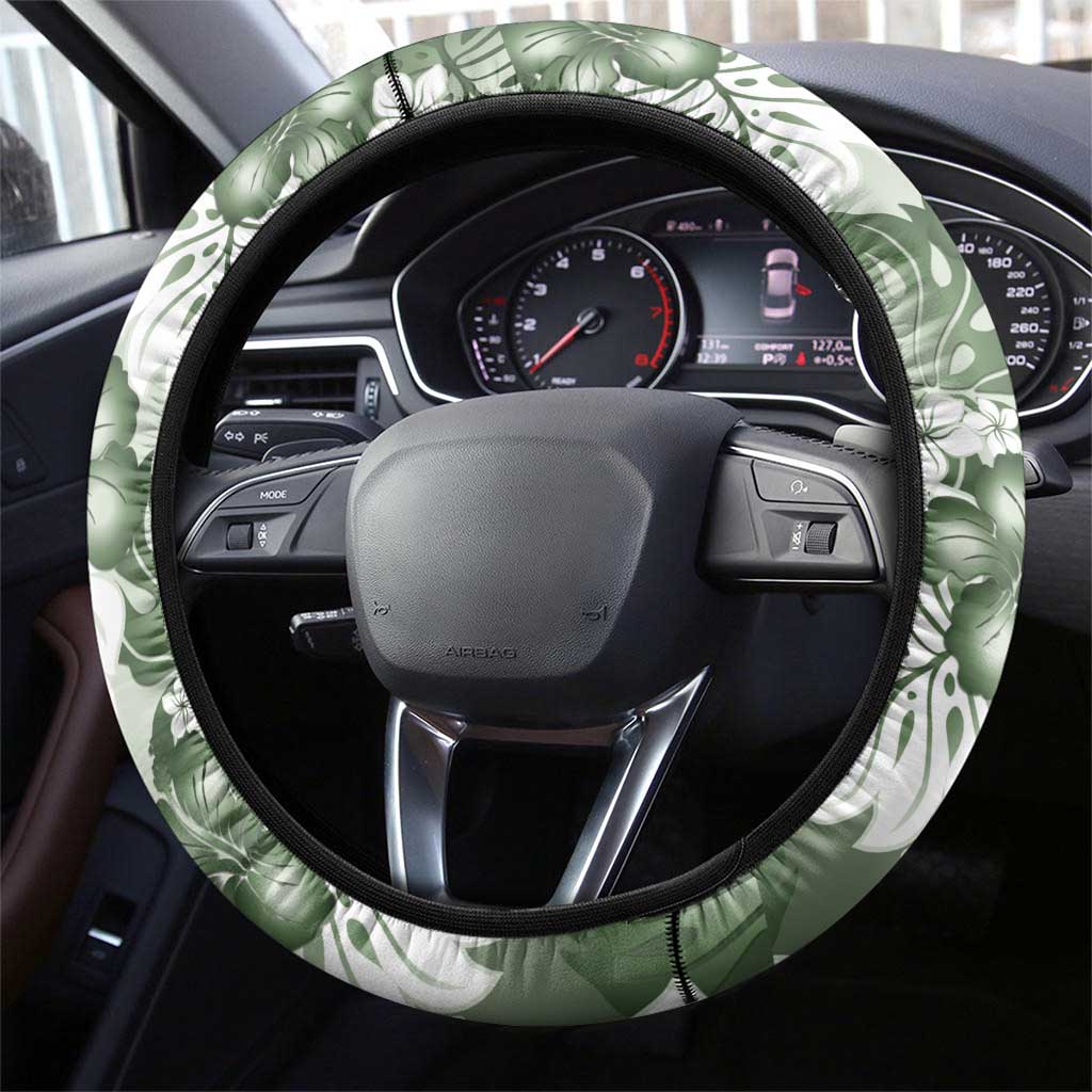 Sage Green Aloha Hawaii Steering Wheel Cover Monstera Hibiscus Plumeria Seamless Vibes - Polynesian Pride