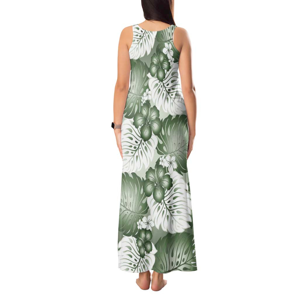 Sage Green Aloha Hawaii Tank Maxi Dress Monstera Hibiscus Plumeria Seamless Vibes - Polynesian Pride