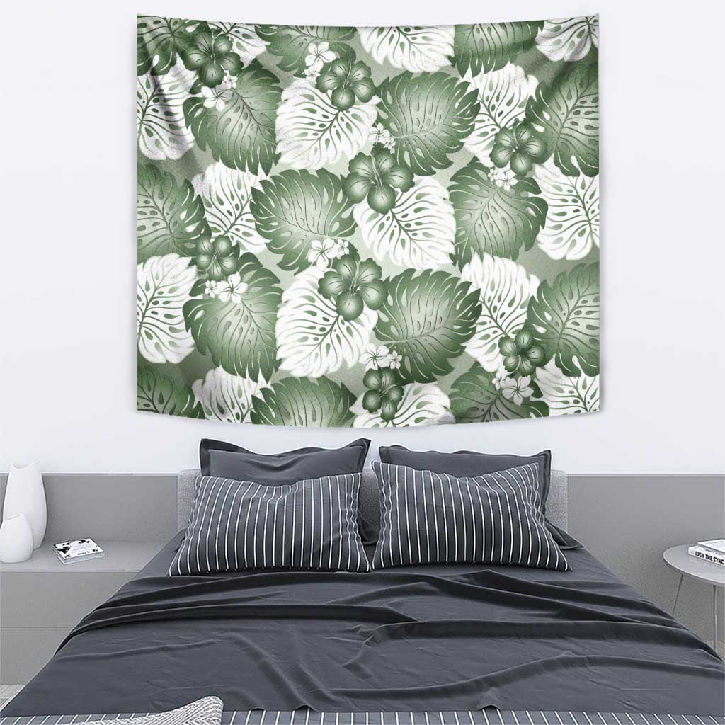 Sage Green Aloha Hawaii Tapestry Monstera Hibiscus Plumeria Seamless Vibes - Polynesian Pride