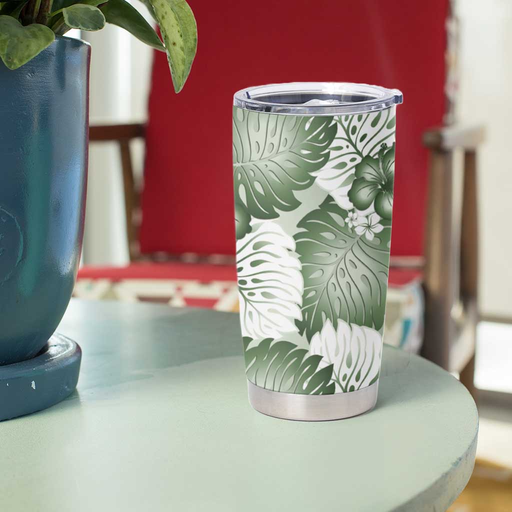 Sage Green Aloha Hawaii Tumbler Cup Monstera Hibiscus Plumeria Seamless Vibes - Polynesian Pride