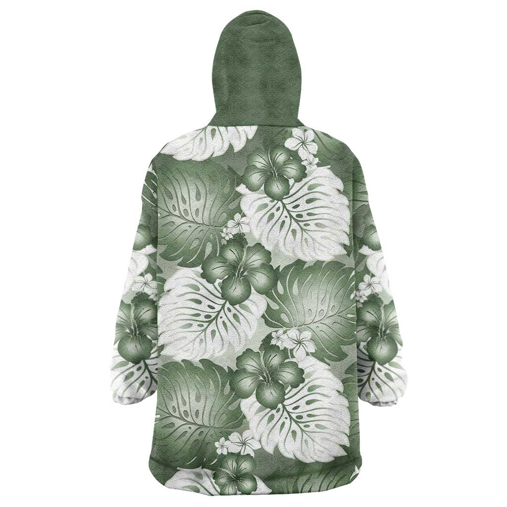 Sage Green Aloha Hawaii Wearable Blanket Hoodie Monstera Hibiscus Plumeria Seamless Vibes - Polynesian Pride
