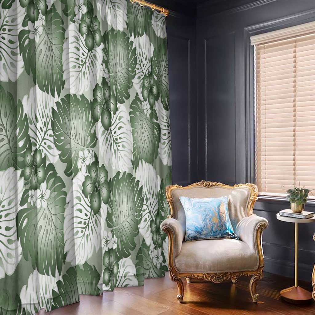 Sage Green Aloha Hawaii Window Curtain Monstera Hibiscus Plumeria Seamless Vibes - Polynesian Pride