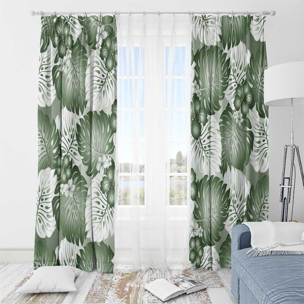 Sage Green Aloha Hawaii Window Curtain Monstera Hibiscus Plumeria Seamless Vibes - Polynesian Pride
