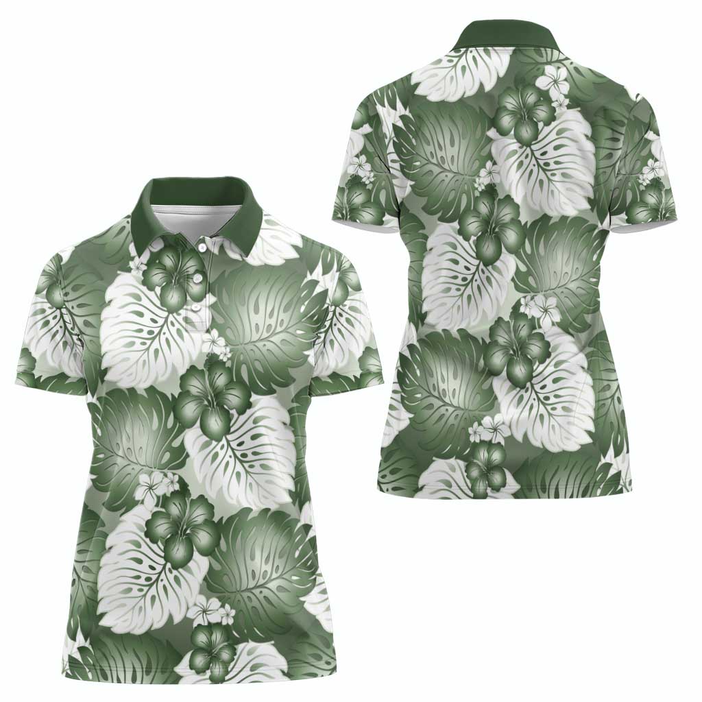Sage Green Aloha Hawaii Women Polo Shirt Monstera Hibiscus Plumeria Seamless Vibes - Polynesian Pride