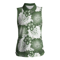 Sage Green Aloha Hawaii Women Sleeveless Polo Shirt Monstera Hibiscus Plumeria Seamless Vibes - Polynesian Pride