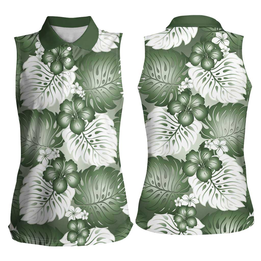 Sage Green Aloha Hawaii Women Sleeveless Polo Shirt Monstera Hibiscus Plumeria Seamless Vibes - Polynesian Pride