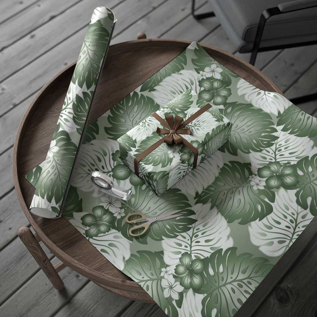 Sage Green Aloha Hawaii Wrapping Paper Monstera Hibiscus Plumeria Seamless Vibes - Polynesian Pride