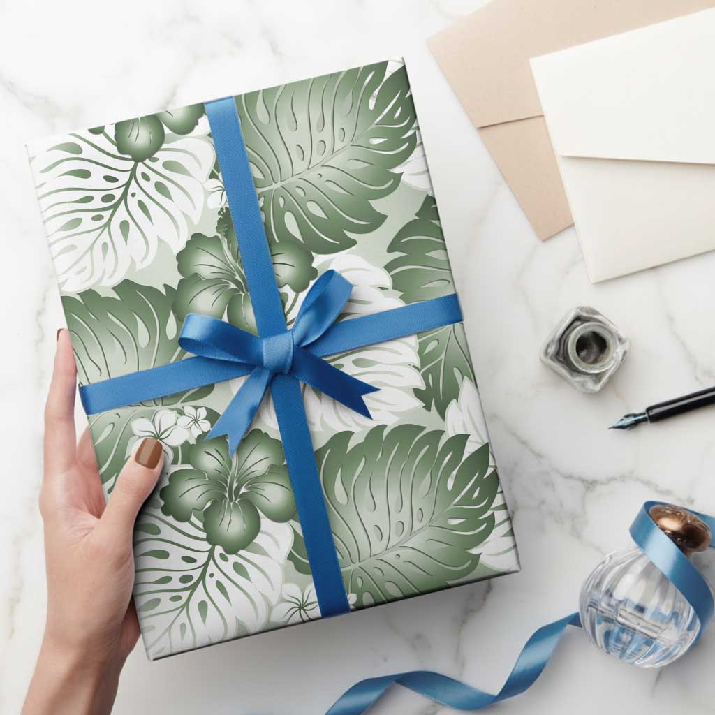 Sage Green Aloha Hawaii Wrapping Paper Monstera Hibiscus Plumeria Seamless Vibes - Polynesian Pride
