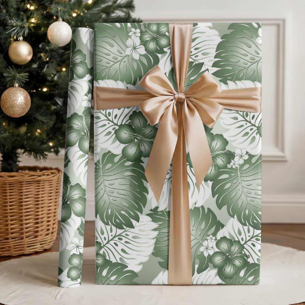 Sage Green Aloha Hawaii Wrapping Paper Monstera Hibiscus Plumeria Seamless Vibes - Polynesian Pride