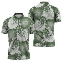 Sage Green Aloha Hawaii Zipper Polo Shirt Monstera Hibiscus Plumeria Seamless Vibes - Polynesian Pride