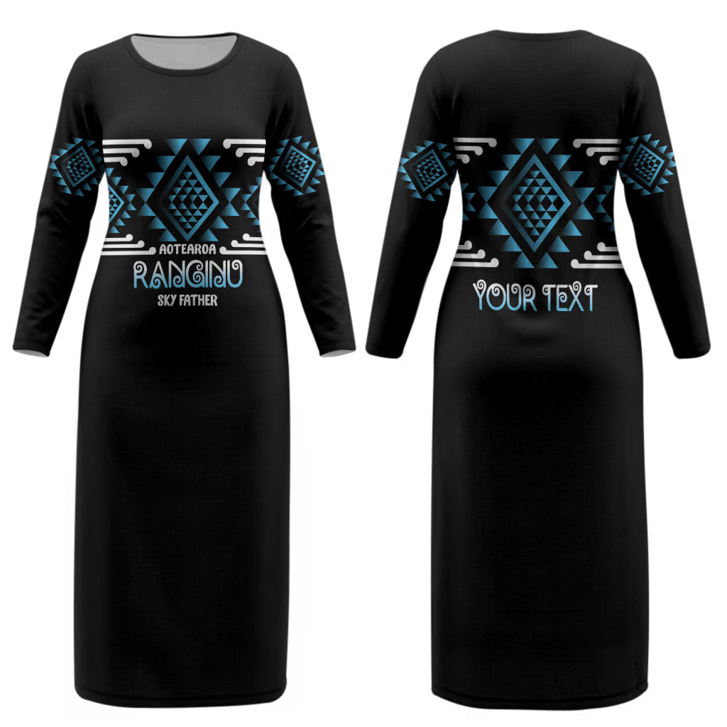 Aotearoa Atua Ranginui Personalised Couples Matching Long Sleeve Bodycon Dress and Hawaiian Shirt Maori Sky Father Taniko Motifs LT14 - Polynesian Pride