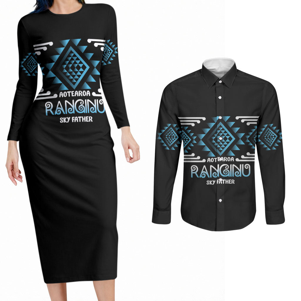 Aotearoa Atua Ranginui Personalised Couples Matching Long Sleeve Bodycon Dress and Long Sleeve Button Shirt Maori Sky Father Taniko Motifs LT14 Blue - Polynesian Pride