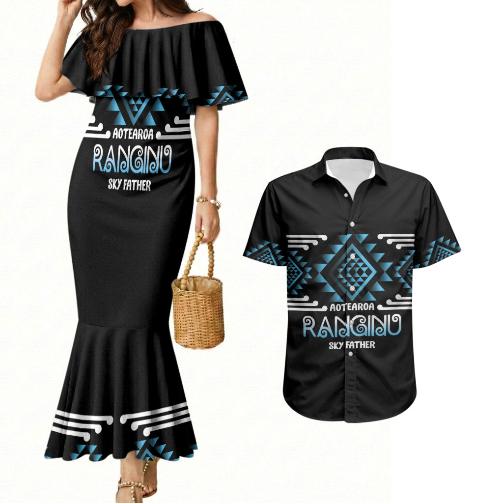 Aotearoa Atua Ranginui Personalised Couples Matching Mermaid Dress and Hawaiian Shirt Maori Sky Father Taniko Motifs LT14 Blue - Polynesian Pride