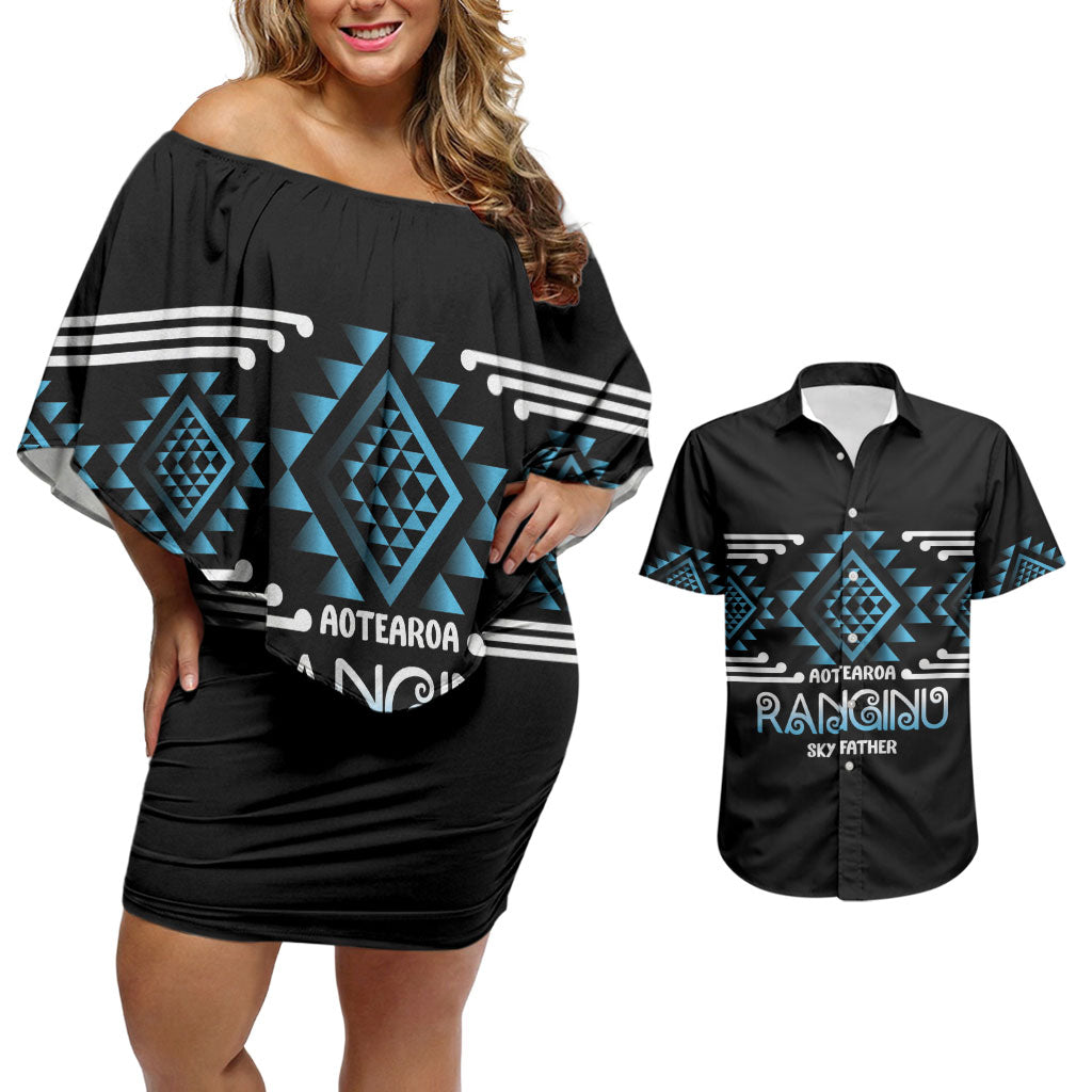 Aotearoa Atua Ranginui Personalised Couples Matching Off Shoulder Short Dress and Hawaiian Shirt Maori Sky Father Taniko Motifs LT14 Blue - Polynesian Pride