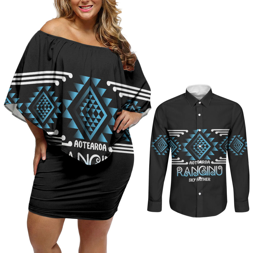Aotearoa Atua Ranginui Personalised Couples Matching Off Shoulder Short Dress and Long Sleeve Button Shirt Maori Sky Father Taniko Motifs LT14 Blue - Polynesian Pride