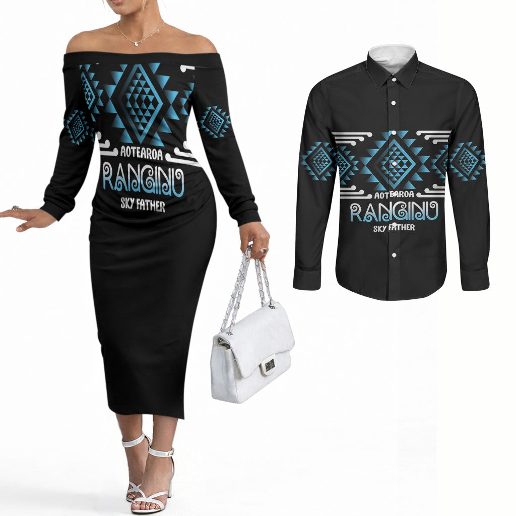 Aotearoa Atua Ranginui Personalised Couples Matching Off The Shoulder Long Sleeve Dress and Long Sleeve Button Shirt Maori Sky Father Taniko Motifs LT14 Blue - Polynesian Pride
