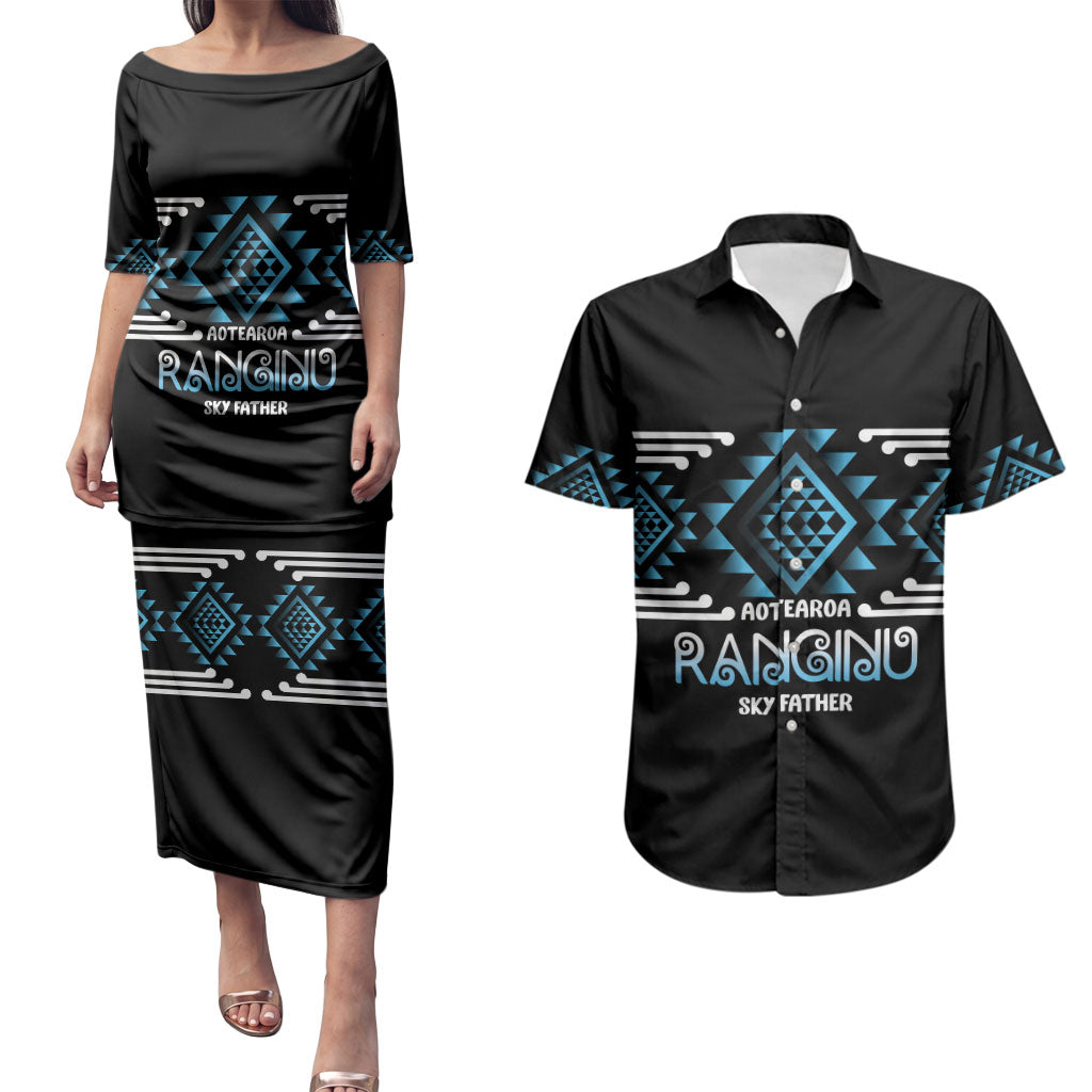Aotearoa Atua Ranginui Personalised Couples Matching Puletasi and Hawaiian Shirt Maori Sky Father Taniko Motifs LT14 Blue - Polynesian Pride