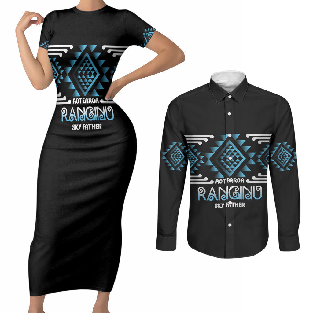 Aotearoa Atua Ranginui Personalised Couples Matching Short Sleeve Bodycon Dress and Long Sleeve Button Shirt Maori Sky Father Taniko Motifs LT14 Blue - Polynesian Pride