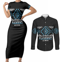 Aotearoa Atua Ranginui Personalised Couples Matching Short Sleeve Bodycon Dress and Long Sleeve Button Shirt Maori Sky Father Taniko Motifs LT14 Blue - Polynesian Pride