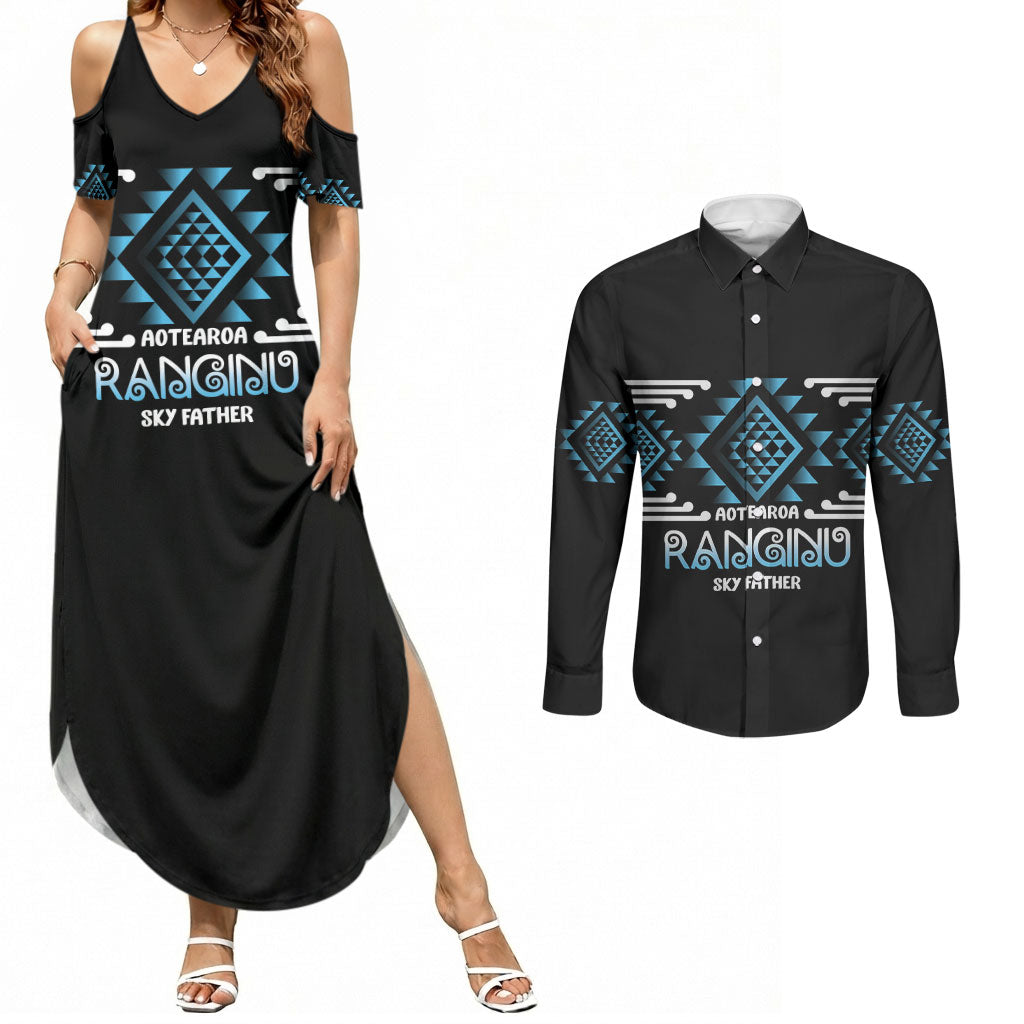 Aotearoa Atua Ranginui Personalised Couples Matching Summer Maxi Dress and Long Sleeve Button Shirt Maori Sky Father Taniko Motifs LT14 Blue - Polynesian Pride