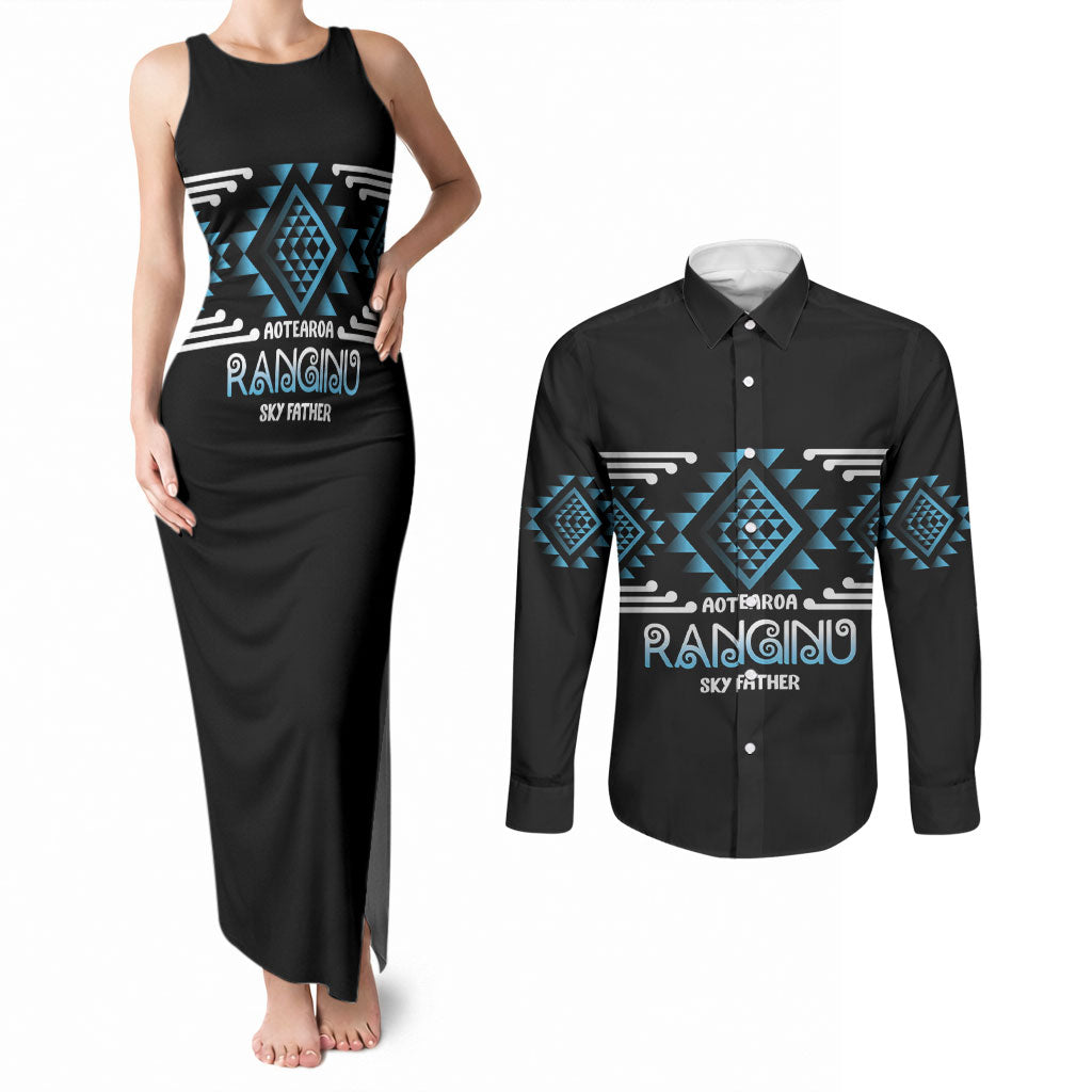 Aotearoa Atua Ranginui Personalised Couples Matching Tank Maxi Dress and Long Sleeve Button Shirt Maori Sky Father Taniko Motifs LT14 Blue - Polynesian Pride
