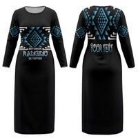 Aotearoa Atua Ranginui Personalised Family Matching Long Sleeve Bodycon Dress and Hawaiian Shirt Maori Sky Father Taniko Motifs LT14 Mom's Dress Blue - Polynesian Pride