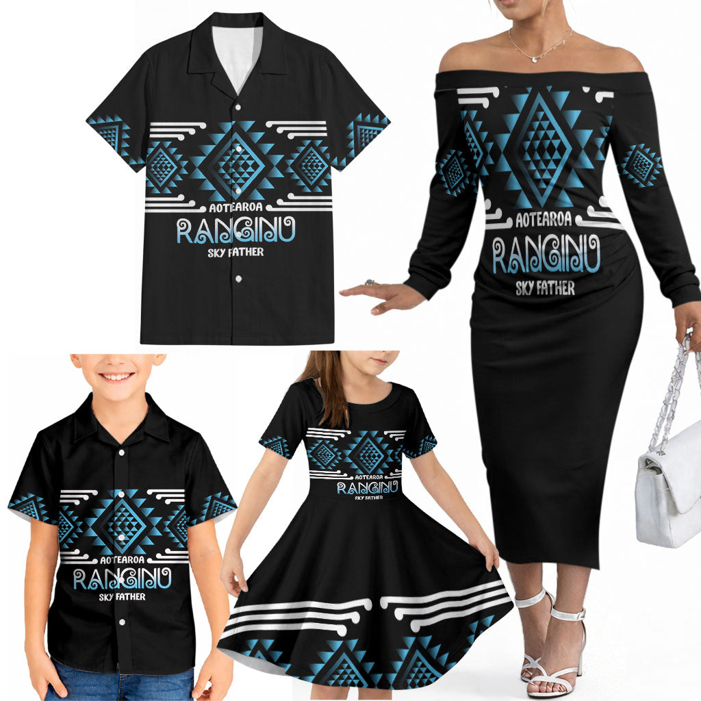 Aotearoa Atua Ranginui Personalised Family Matching Off The Shoulder Long Sleeve Dress and Hawaiian Shirt Maori Sky Father Taniko Motifs LT14 - Polynesian Pride