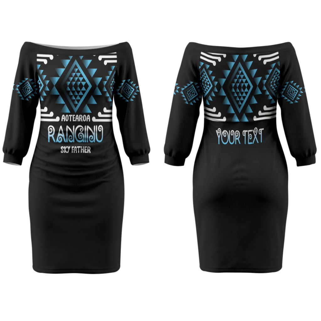 Aotearoa Atua Ranginui Personalised Family Matching Off The Shoulder Long Sleeve Dress and Hawaiian Shirt Maori Sky Father Taniko Motifs LT14 Mom's Dress Blue - Polynesian Pride