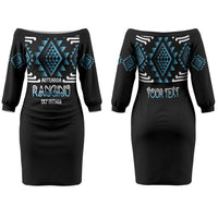 Aotearoa Atua Ranginui Personalised Family Matching Off The Shoulder Long Sleeve Dress and Hawaiian Shirt Maori Sky Father Taniko Motifs LT14 Mom's Dress Blue - Polynesian Pride