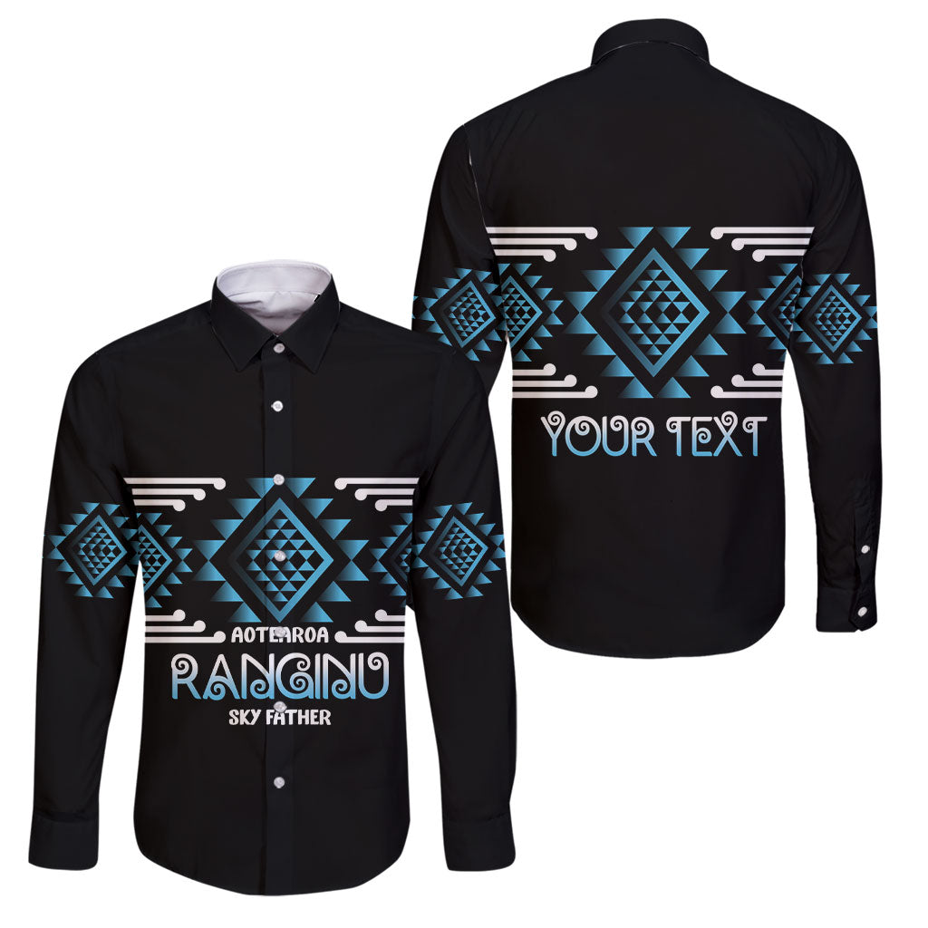 Aotearoa Atua Ranginui Personalised Family Matching Off The Shoulder Long Sleeve Dress and Hawaiian Shirt Maori Sky Father Taniko Motifs LT14 Dad's Shirt - Long Sleeve Blue - Polynesian Pride