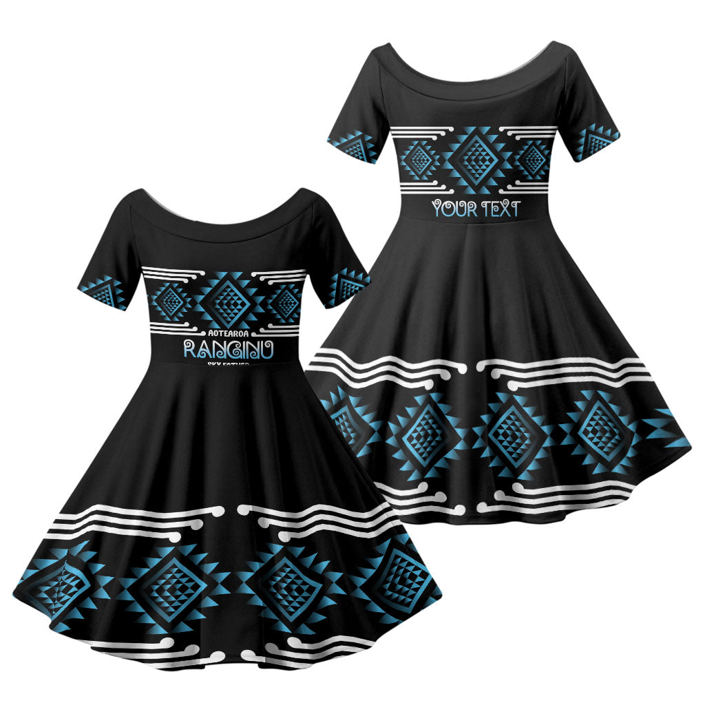 Aotearoa Atua Ranginui Personalised Family Matching Off The Shoulder Long Sleeve Dress and Hawaiian Shirt Maori Sky Father Taniko Motifs LT14 Daughter's Dress Blue - Polynesian Pride