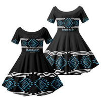 Aotearoa Atua Ranginui Personalised Family Matching Off The Shoulder Long Sleeve Dress and Hawaiian Shirt Maori Sky Father Taniko Motifs LT14 Daughter's Dress Blue - Polynesian Pride