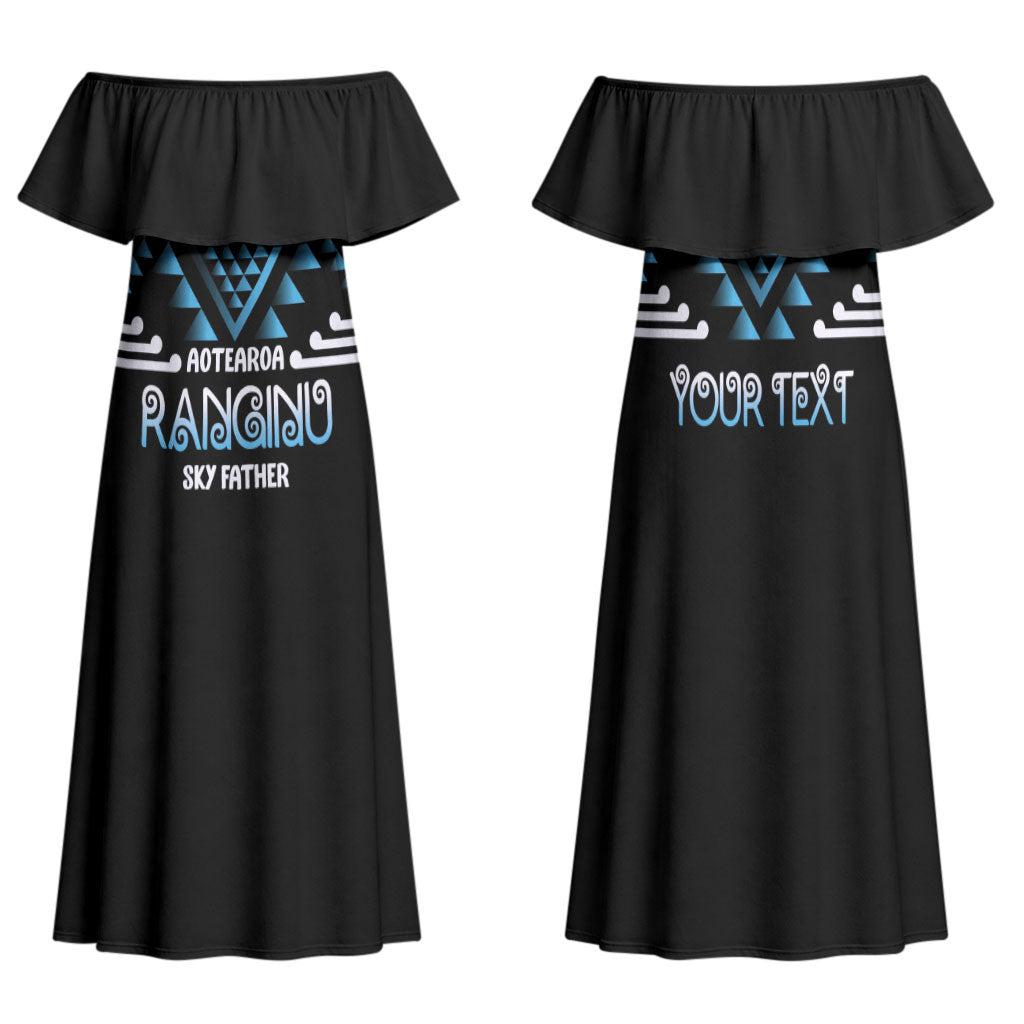 Aotearoa Atua Ranginui Personalised Family Matching Off Shoulder Maxi Dress and Hawaiian Shirt Maori Sky Father Taniko Motifs LT14 Mom's Dress Blue - Polynesian Pride