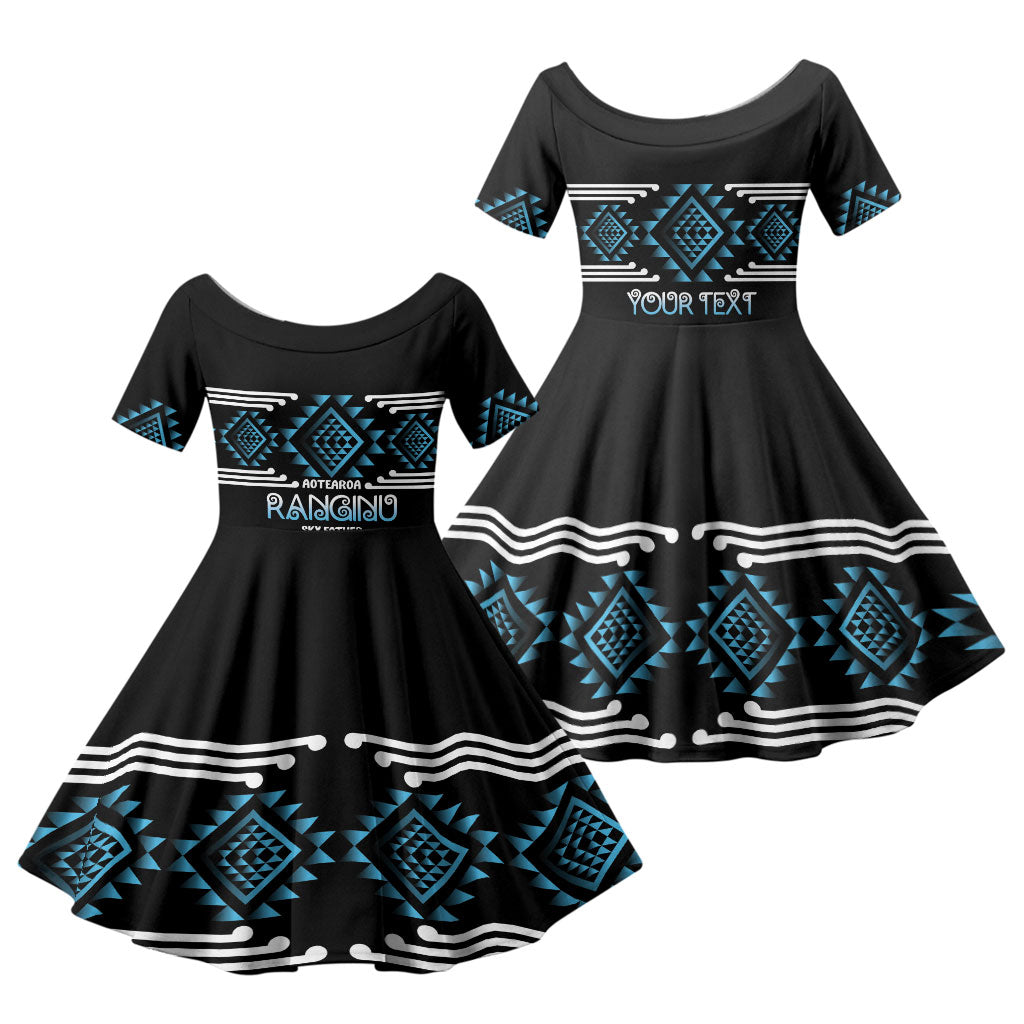 Aotearoa Atua Ranginui Personalised Family Matching Off Shoulder Maxi Dress and Hawaiian Shirt Maori Sky Father Taniko Motifs LT14 Daughter's Dress Blue - Polynesian Pride