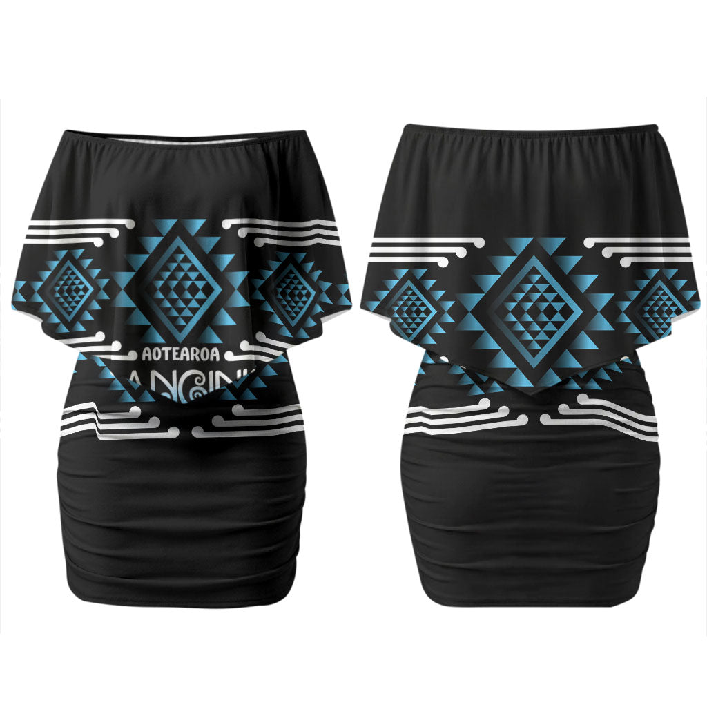 Aotearoa Atua Ranginui Personalised Family Matching Off Shoulder Short Dress and Hawaiian Shirt Maori Sky Father Taniko Motifs LT14 Mom's Dress Blue - Polynesian Pride